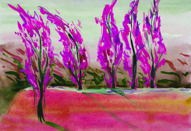 插图水彩画横向景观树木，草坪上太阳风中的杨树图片下载