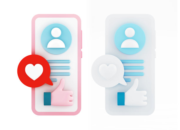 智能手机用户界面3d渲染。个人资料，喜欢按钮，竖起大拇指图标图片下载