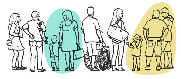 多样性人行道人群素描蓝黄斑点图片下载