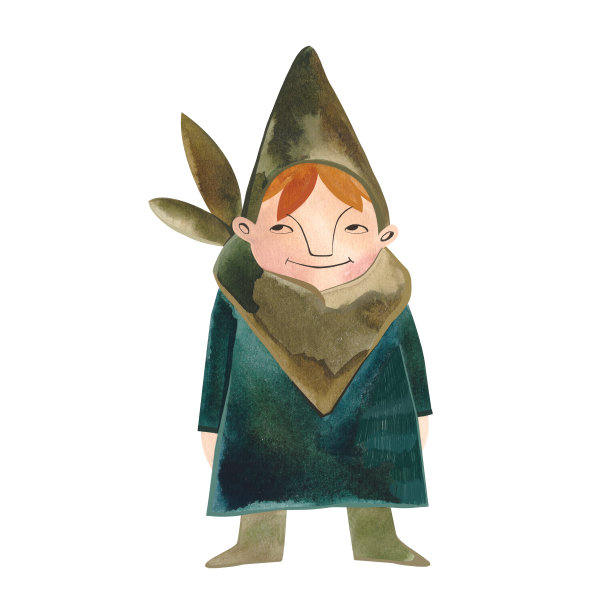 水彩画年轻姜侏儒在绿色服装。孤立的插图。剪纸艺术。栅格插图包装，贺卡和包装纸，礼品，海报。图片下载