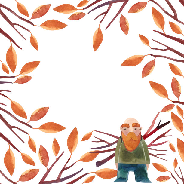 水彩框架与秋天的树与橙色的叶子和侏儒。孤立的剪纸艺术。栅格插图包装，贺卡，礼品图片下载