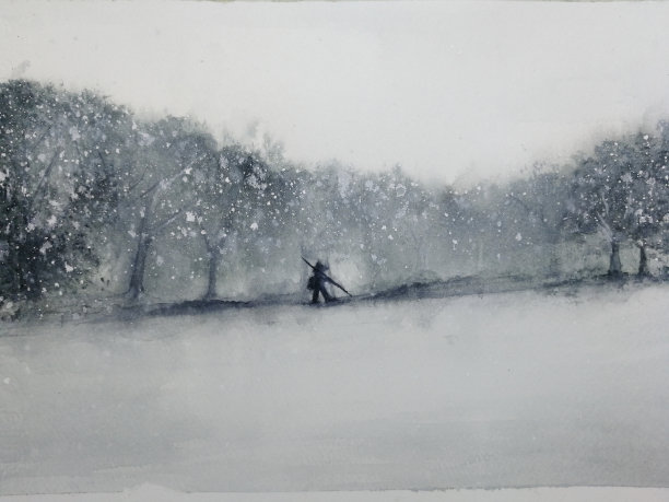 水彩画风景画人在暴风雪中穿过森林。传统的东方。亚洲艺术风格。图片下载