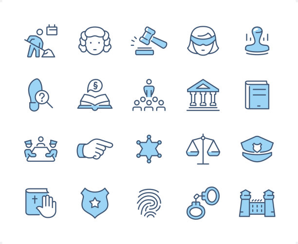 法律和法院图标设置。可编辑的笔划粗细。完美的像素二色图标。图片下载