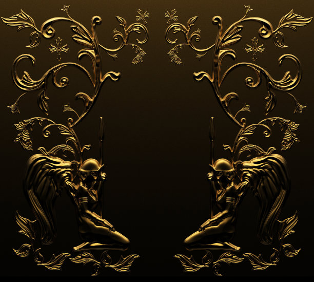 3d渲染插图的古董巴洛克金色天使墙与装饰品。图片下载