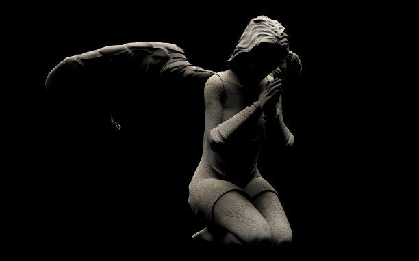 石头天使雕像在黑暗背景上祈祷的3d渲染插图。图片下载