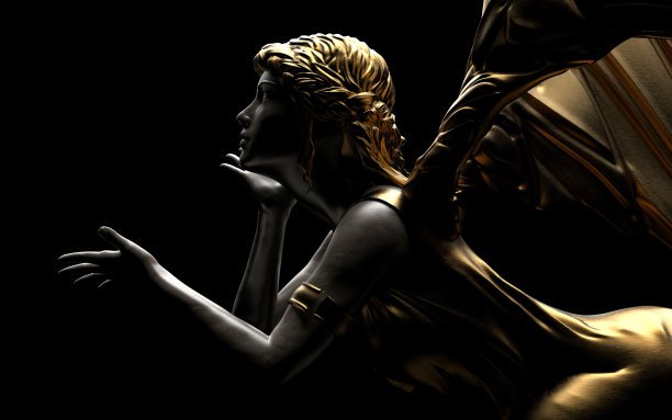 金色和黑色大理石天使雕像的3d渲染插图。图片下载