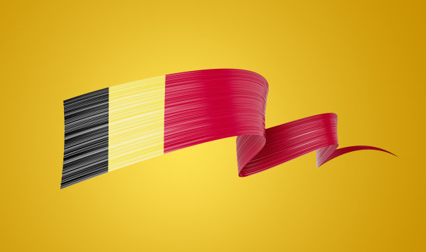 三维比利时国旗三维波浪形闪亮的比利时丝带隔离在黄色背景三维插图图片下载