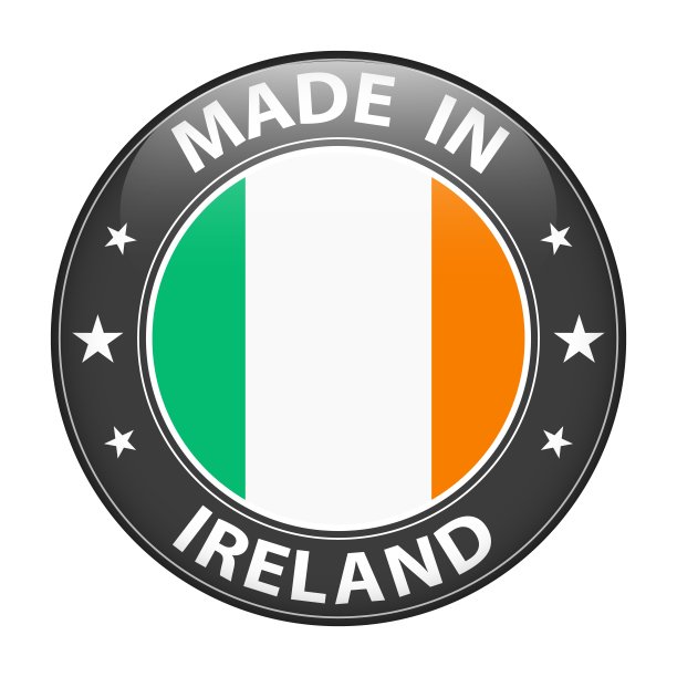 爱尔兰制造的徽章向量。贴纸上有星星和国旗。标志孤立在白色背景上。图片下载