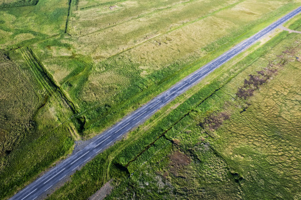 公路在夏天穿过长满青苔的偏僻荒野图片下载