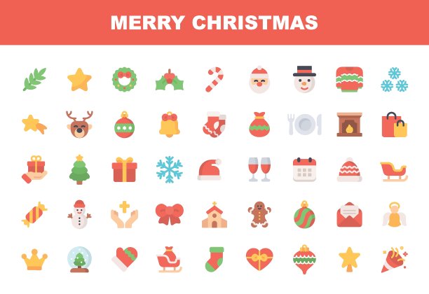 圣诞平面图标。可编辑的中风。像素完美。移动和网络。包括这样的图标装饰，圣诞老人，礼物，雪花，冬天，雪人，教堂，糖果，驯鹿，圣诞球，驯鹿，购物，晚餐，雪橇，袜子，手套。图片下载