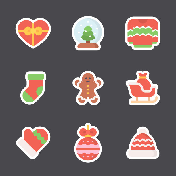 圣诞贴纸,图标。包含礼物赠送、圣诞礼物、心、水晶球、圣诞树、圣诞毛衣、袜子、姜饼蛋糕、圣诞雪橇、手套、圣诞球、圣诞装饰、圣诞帽等元素。图片下载