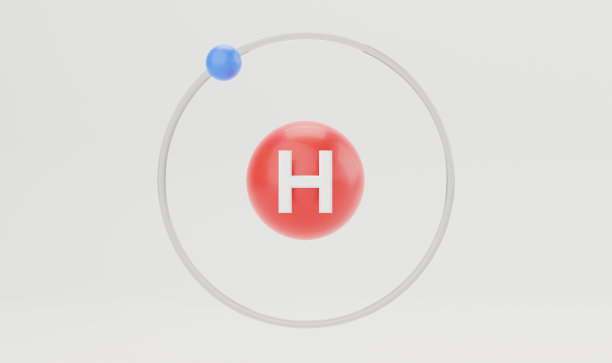 数字三维插图玻尔模型氢图形公式化学。氢原子模型结构图插图。学习化学和科学的3D渲染。质子，电子，中子。图片下载