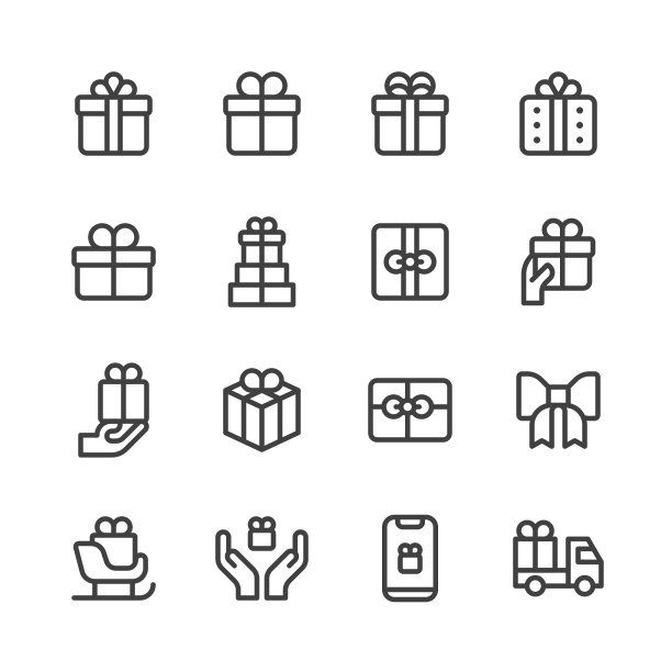 礼物图标。可编辑的中风。包含这样的图标，如生日，礼物，盒子，庆祝，圣诞节，装饰，送货，电子商务，事件，礼品袋，礼品盒，礼品标签，包裹，卡车，，丝带，雪橇，惊喜，绑蝴蝶结，婚礼。图片下载