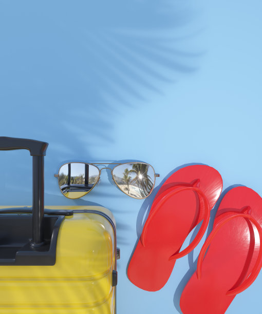 假日旅游项目在蓝色背景3d渲染图片下载