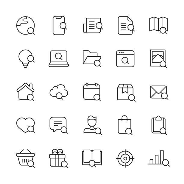 搜索图标。可编辑的中风。包含如广告，图表，数据分析，折扣，常见问题解答，互联网，求职，放大镜，营销，导航，性能营销，路线，搜索引擎，安全，Web浏览器，www图片下载