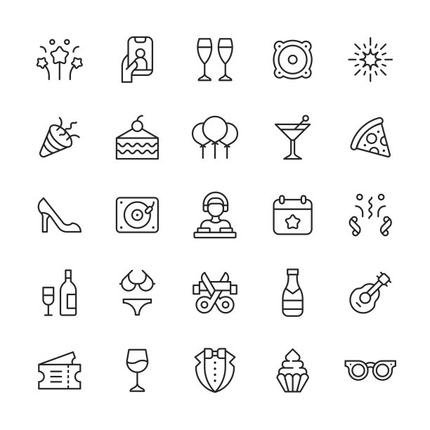 图标。可编辑。像素完美。移动和网络。包含如生日，香槟，俱乐部，五彩纸屑，DJ，服装，饮料，事件，烟花，乐趣，礼物，影响者，音乐，节日，夜总会，夜生活，Piñata，自拍等图标。图片下载