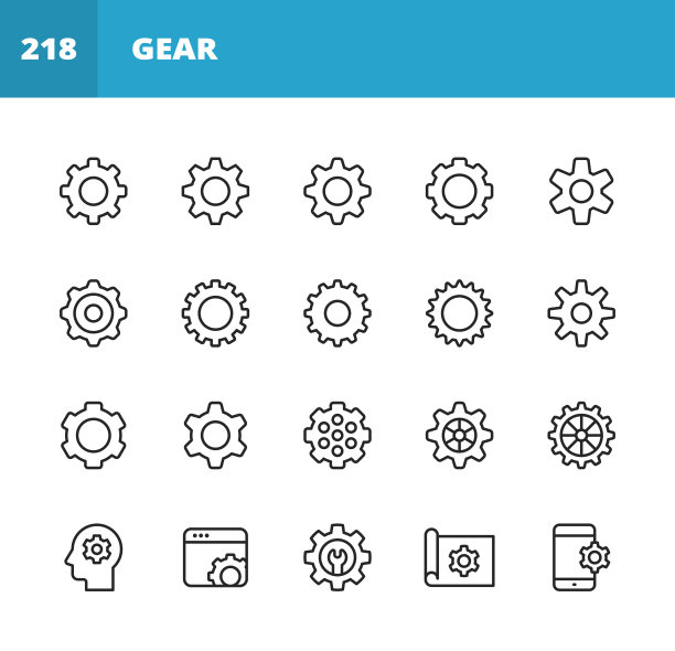 齿轮，设置线图标。可编辑的中风。像素完美。移动和网络。包含如齿轮，设备，引擎，设置图标，工程，工业，机器零件，进度，团队合作，技术，管理，维修，工具，建设等图标。图片下载