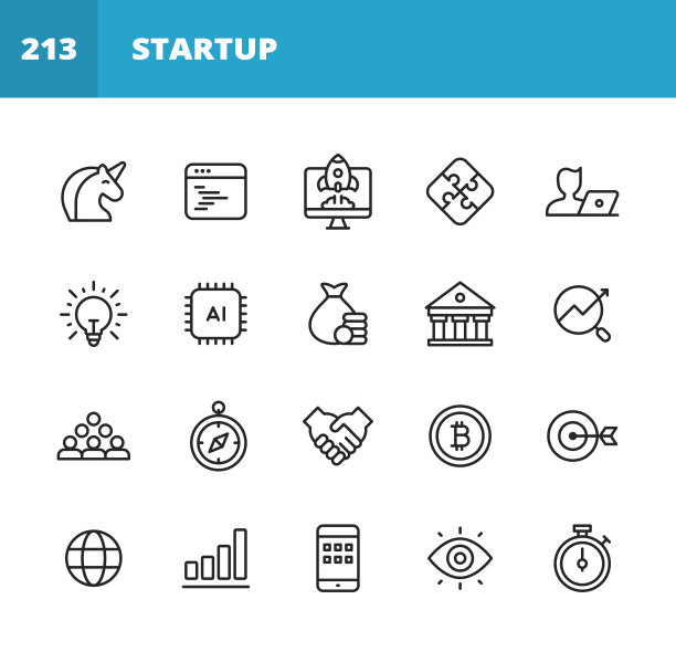 启动图标。可编辑的中风。像素完美。移动和网络。包含独角兽、Growth、Programming、Venture Capital、Video Conference、Deal、Agile、Mobile App、Vision、Goal、Achievement、Founder、Entrepreneur、Cryptocurrency等图标。图片下载