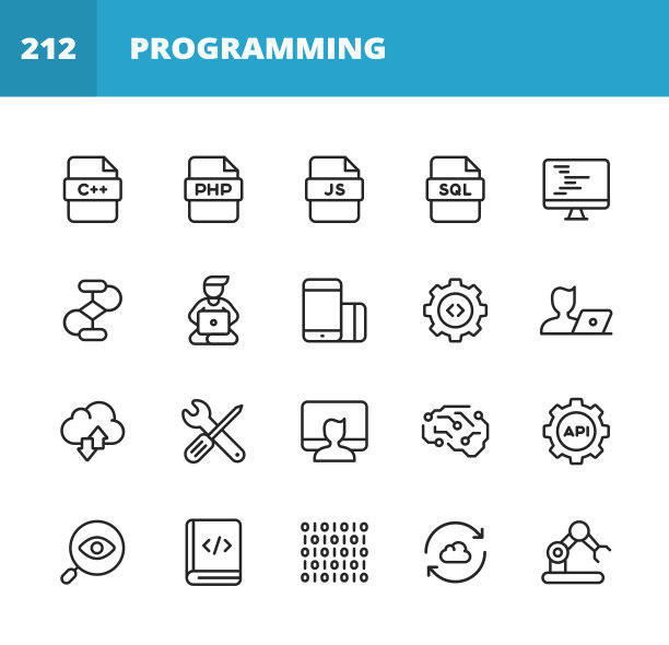 计算机编程线图标。可编辑的中风。像素完美。移动和网络。包含诸如编程，计算机语言，软件开发，编码，病毒，错误，机器学习，人工智能，敏捷，黑客，Java, Sql等图标。图片下载