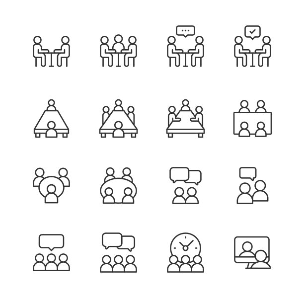 商务会议和人物线图标。可编辑的中风。像素完美。移动和网络。包含像商业男人，商业女人，领导，办公室，沟通，合作，网络，商务会议，演示，聊天等图标。图片下载