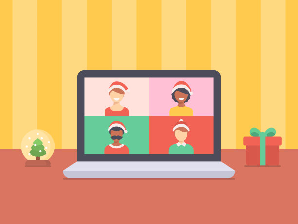 年轻人用网络摄像头和在线会议在家隔离庆祝圣诞节。图片下载