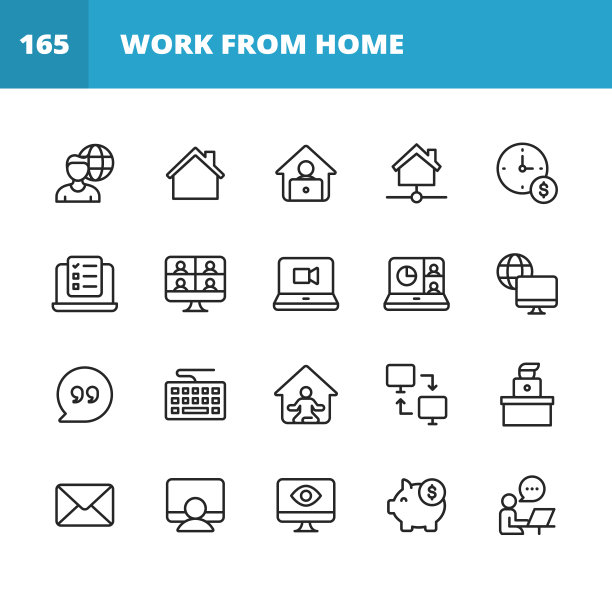 在家工作，远程工作线图标。可编辑的中风。像素完美。移动和网络。包含全球劳动力，家庭，视频会议，视频聊天，商务会议，引用，键盘，冥想，计算机网络，电子邮件，间谍等图标。图片下载