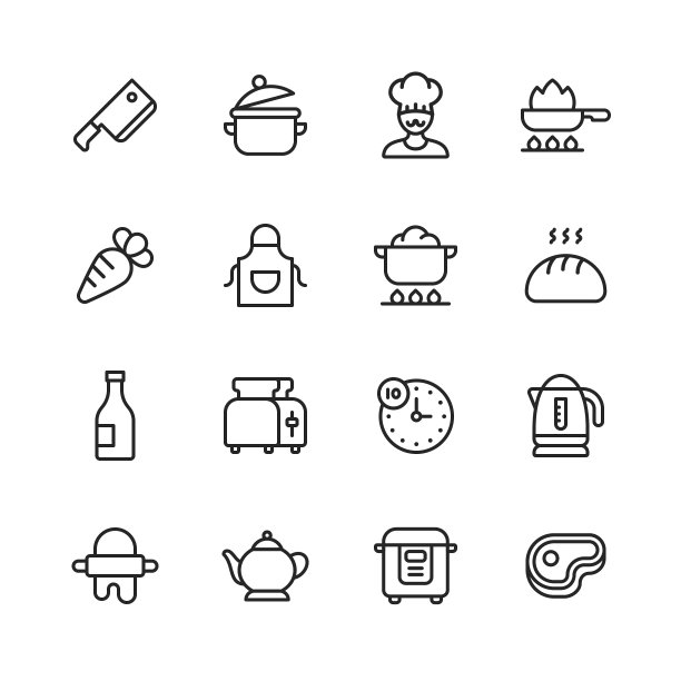 烹饪行图标。可编辑的中风。像素完美。移动和网络。包含如厨房刀，菜刀，锅，煎，煎锅，胡萝卜，围裙，面包，面包房，锅，电水壶，擀面杖，茶壶，多炊具，牛排，肉，烧烤。图片下载