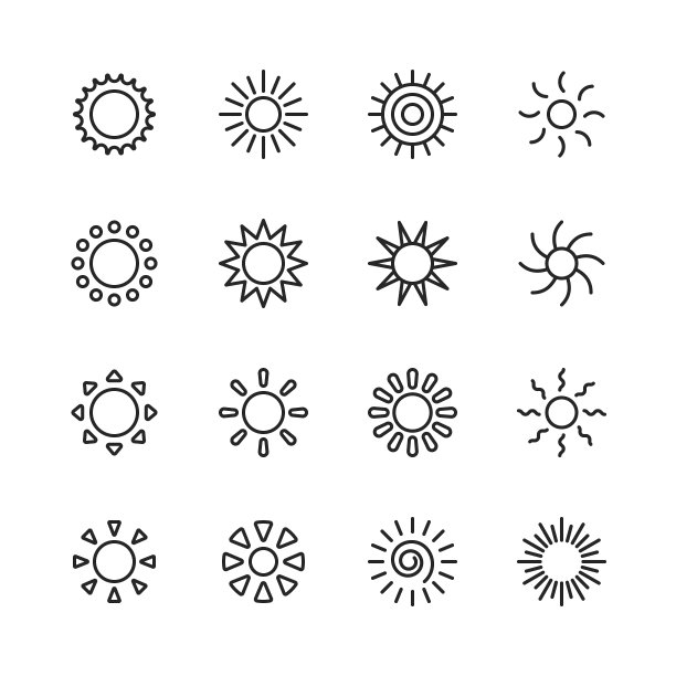 太阳线图标。可编辑的中风。像素完美。移动和网络。包含如太阳，阳光，夏天，假日，海滩，气候，环境，天空，能源，自然，热带，夏威夷，旅游，温暖，热，热，阳光等图标。图片下载