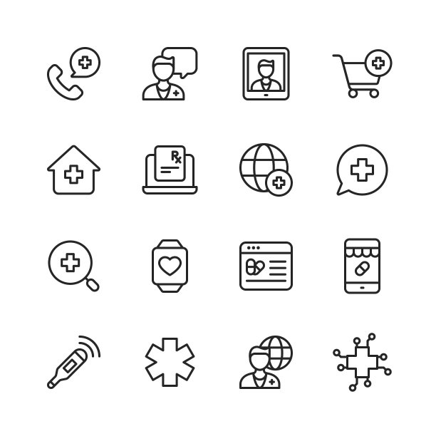 远程医疗行图标。可编辑的中风。像素完美。移动和网络。包含远程咨询、远程医疗、数字医疗保健、视频呼叫医生、在线药房购物、数字处方等图标。图片下载
