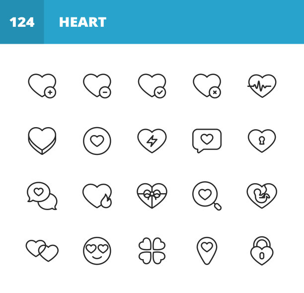 心和爱线图标。可编辑的中风。像素完美。移动和网络。包含如心，爱，情感，关系，婚姻，婚礼，为人父母，家庭，破碎的心，约会，幸福，脉搏痕迹，情人节，浪漫。图片下载