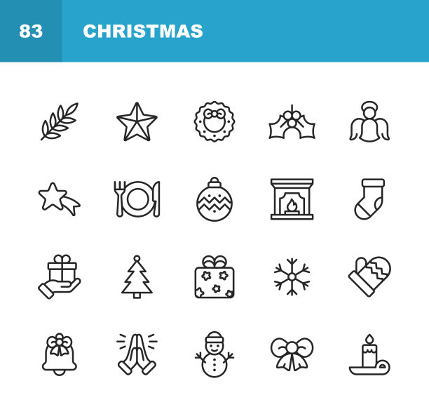 圣诞节的图标。可编辑的中风。像素完美。移动和网络。包含圣诞，圣诞装饰，圣诞老人，圣诞礼物，雪花，冬天，圣诞帽，宗教，教堂，庆祝，雪人，手套，礼物，祈祷。图片下载