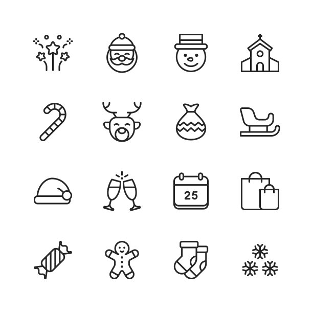 圣诞节的图标。可编辑的中风。像素完美。移动和网络。包含圣诞，圣诞装饰，圣诞老人，圣诞礼物，雪花，冬天，圣诞帽，宗教，教堂，庆祝。图片下载