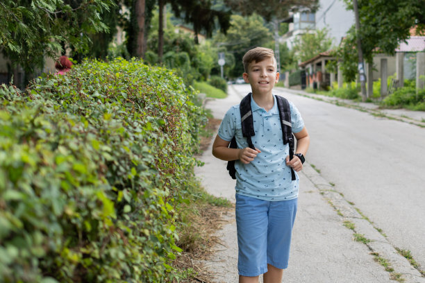 回到学校。快乐的男孩背着背包走着。暑假后他要去上学。男生为新学年做好了准备。图片下载