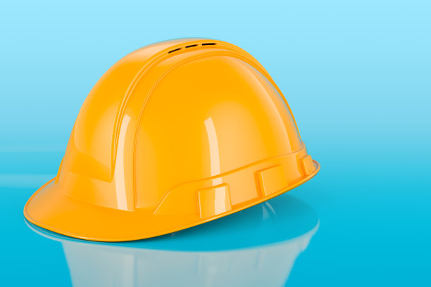 施工橙色安全帽，蓝色背景3D渲染图片下载