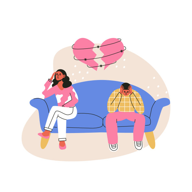 离婚，复杂的关系，夫妻争吵。夫妻间的冲突，麻烦，误会。性别冲突。家庭关系不和。破碎的心。平面向量插图图片下载