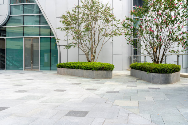 市中心街道上现代建筑前空荡荡的混凝土地板。图片下载