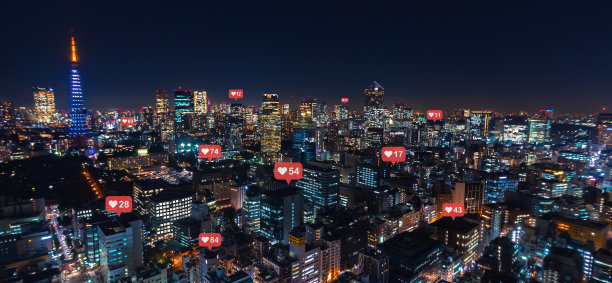 城市的社交媒体和通知图标。社交网络概念。图片下载