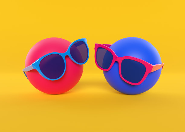 两个泡泡糖球和黄色背景的太阳镜。夏日氛围概念。三维渲染图片下载