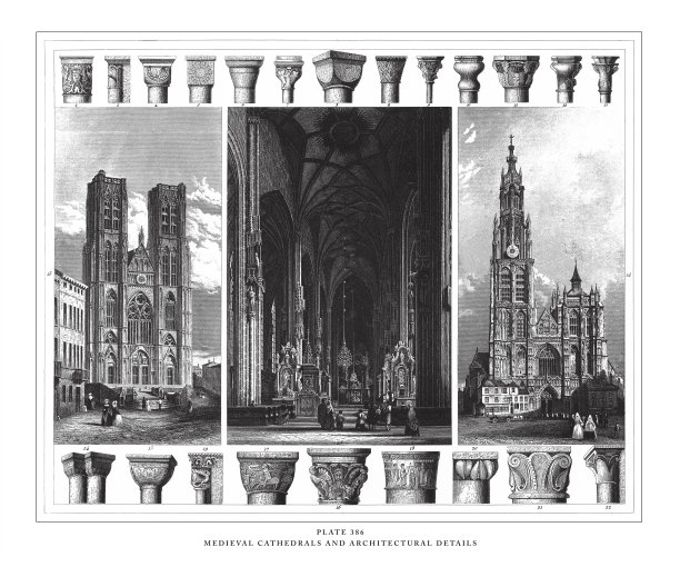 中世纪大教堂和建筑细节雕刻古董插图，出版于1851年图片下载