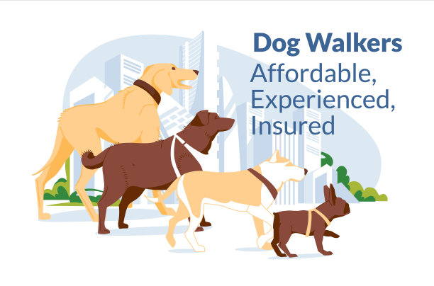 不同的狗在城市场景的背景下等待散步。遛狗服务广告，平面矢量插图图片下载