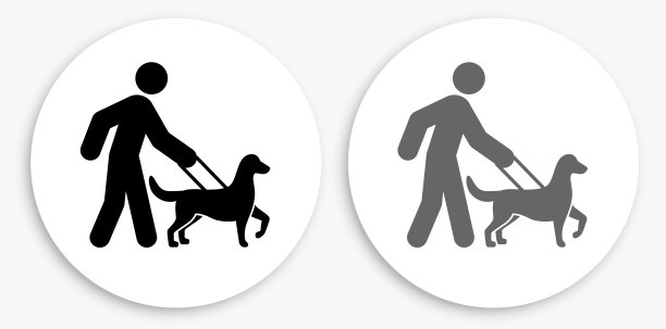 棍图遛狗黑白圆形图标图片下载