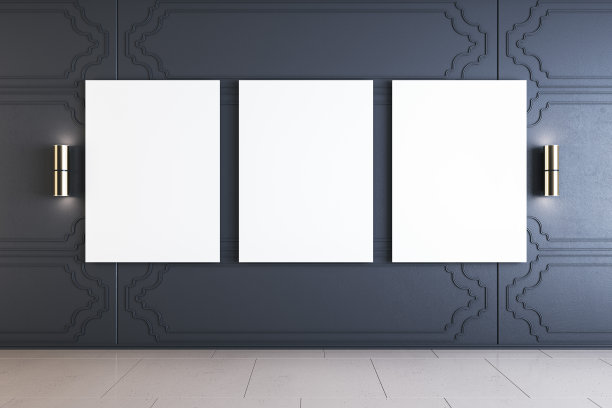 现代画廊内部与空白的白色模拟横幅装饰墙，灯和混凝土地板。3 d渲染。图片下载