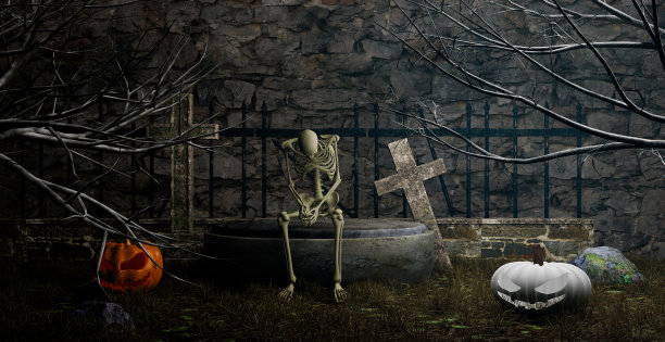 万圣节概念：坐在墓地的骨骼图片下载