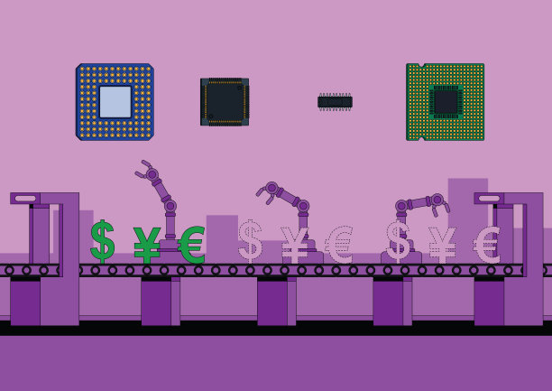 自动化装配线代表着收入的损失和由于全球微芯片短缺造成的金钱损失。单色插图与充满活力的紫色。图片下载
