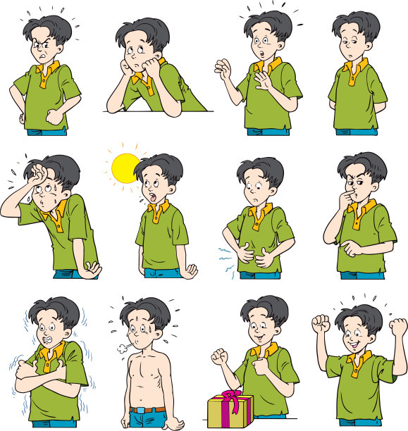 一个男孩在不同姿势的角色设计集。卡通风格的插图，孤立在白色的背景。身体姿势和面部表情。图片下载