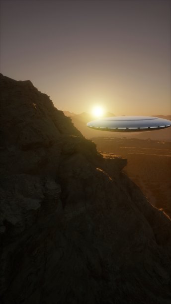 一个碟形不明飞行物从山顶俯冲而出，在空中迅速飞行图片下载