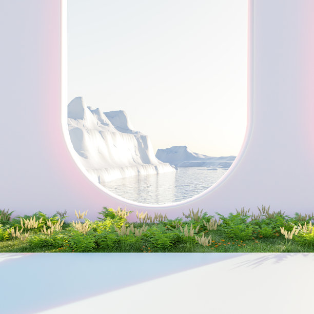 豪华酒店或海滨别墅的混凝土地板露台和白色通风砌块墙。三维渲染的靠近绿色草坪的拱门与海景。图片下载