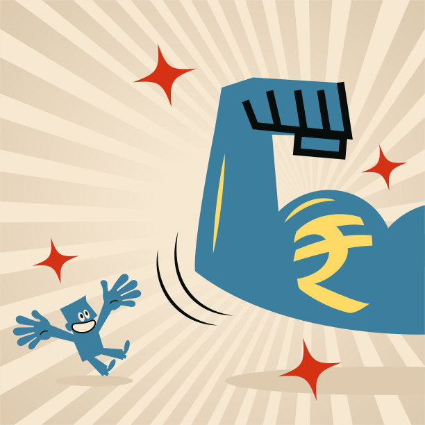 巨大强壮的手臂和二头肌向一个小商人展示印度卢比货币标志，以支持小企业图片下载