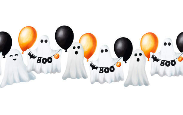 水彩万圣节边界与气球和可爱的鬼插图与可怕的脸。手绘橙色，黑色，白色气球素描孤立在白色的背景。用于设计师，装饰，商店，用于明信片，包装纸，封面。对于海报和图片下载