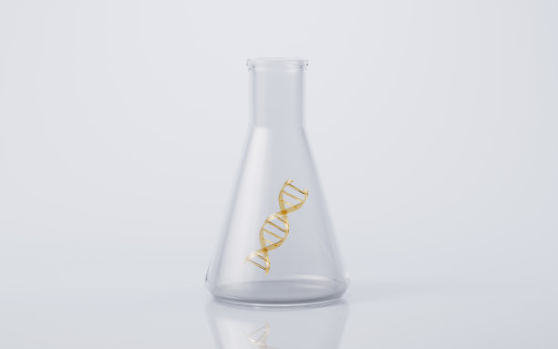 化学玻璃器皿和黄金DNA, 3d渲染。图片下载